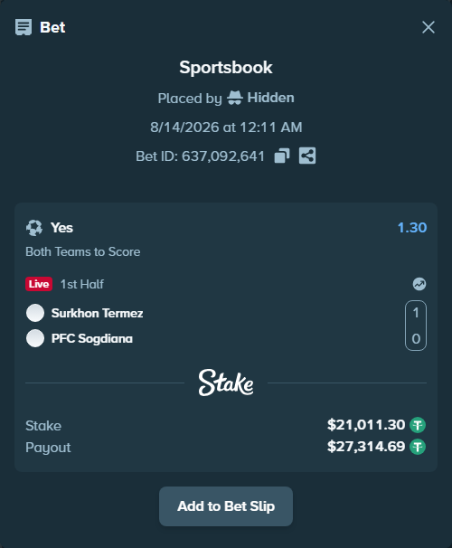 Bet slip: FK Termez Surkhon - PFC Sogdiana, $21,032.31 stake at 1.30 odds, placed by Hidden