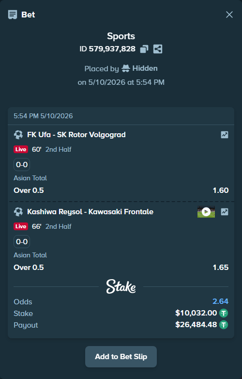 Bet slip: FK Ufa - SK Rotor Volgograd, $10,032.00 stake at 1.60 odds, placed by Hidden