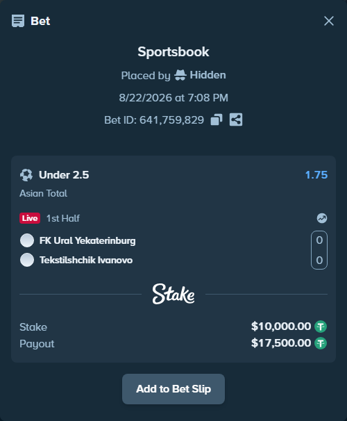 Bet slip: FK Ural Yekaterinburg - FC Tekstilshchik Ivanovo, $10,000.00 stake at 1.75 odds, placed by Hidden