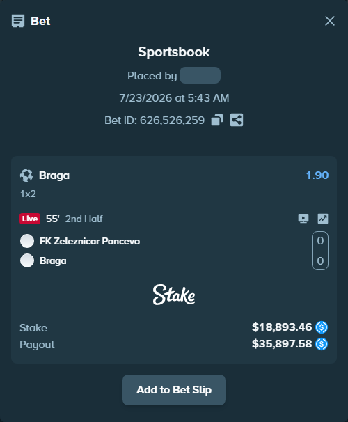 Bet slip: FK Zeleznicar Pancevo - Braga, $18,893.46 stake at 1.90 odds, placed by TeslaKesla22