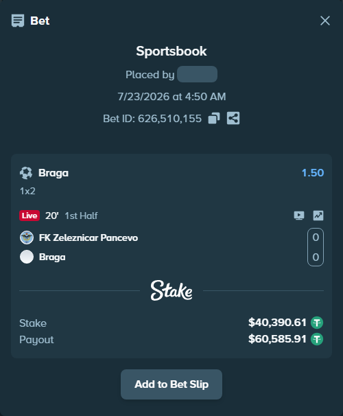 Bet slip: FK Zeleznicar Pancevo - Braga, $40,431.00 stake at 1.50 odds, placed by kabic555
