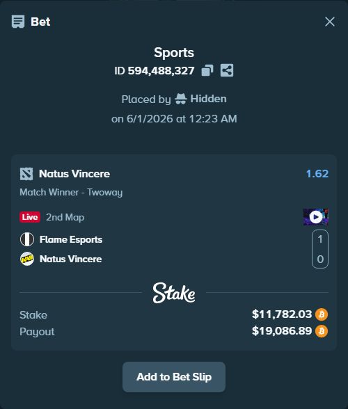 Bet slip: Flame Esports - Natus Vincere, $10,292.80 stake at 1.62 odds, placed by Hidden