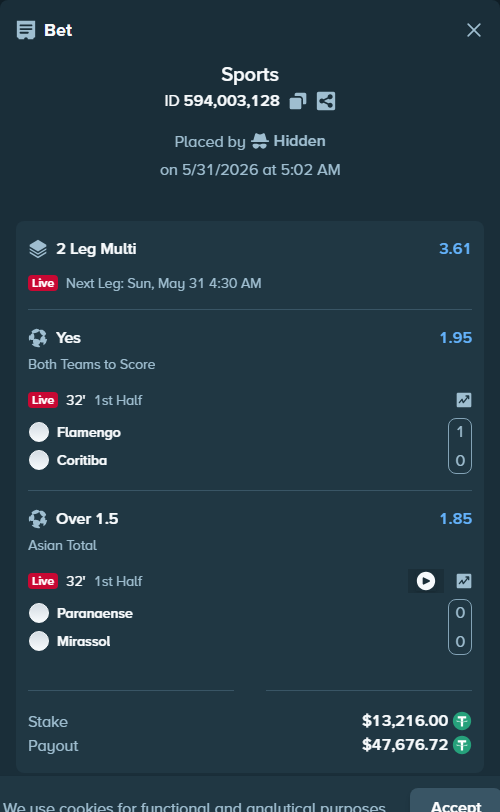 Bet slip: Flamengo - Coritiba, $13,229.22 stake at 1.95 odds, placed by Hidden