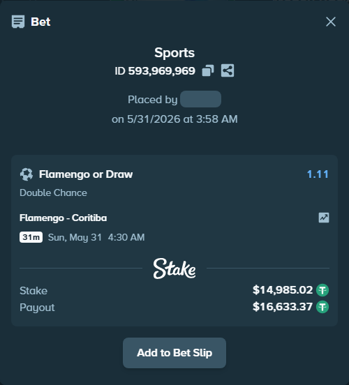 Bet slip: Flamengo - Coritiba, $15,000.00 stake at 1.11 odds, placed by criscas85