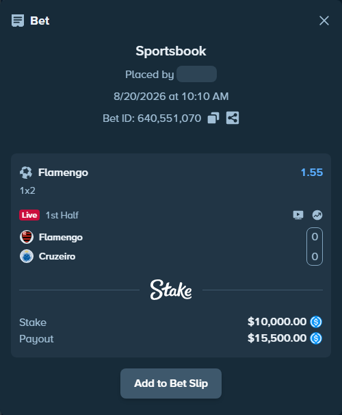 Bet slip: Flamengo - Cruzeiro, $10,000.00 stake at 1.55 odds, placed by bldgefdeil