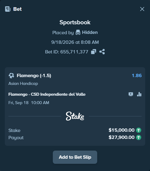 Bet slip: Flamengo - CSD Independiente del Valle, $15,015.00 stake at 1.86 odds, placed by Hidden