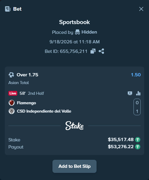 Bet slip: Flamengo - CSD Independiente del Valle, $35,553.00 stake at 1.50 odds, placed by Hidden