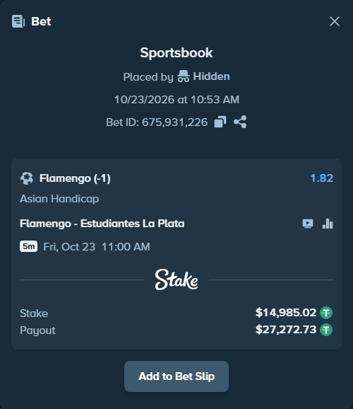 Bet slip: Flamengo - Estudiantes La Plata, $15,000.00 stake at 1.82 odds, placed by Agus1033
