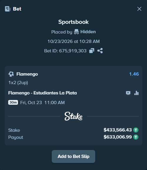Bet slip: Flamengo - Estudiantes La Plata, $434,000.00 stake at 1.46 odds, placed by Hidden