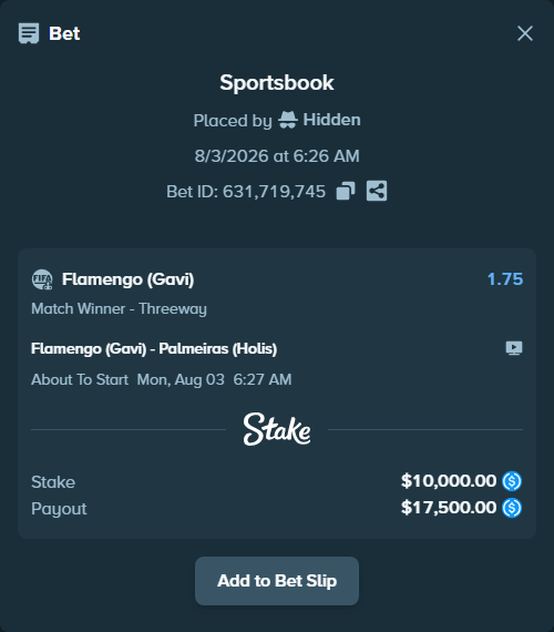 Bet slip: Flamengo (Gavi) - Palmeiras (Holis), $10,000.00 stake at 1.75 odds, placed by Hidden