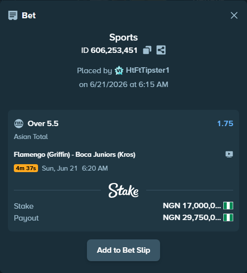 Bet slip: Flamengo (Griffin) - Boca Juniors (Kros), $10,200.00 stake at 1.75 odds, placed by HtFtTipster1