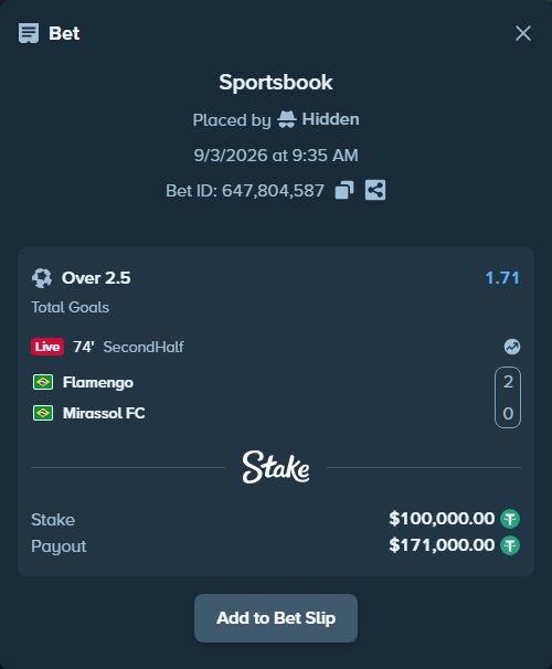 Bet slip: Flamengo - Mirassol, $100,000.00 stake at 1.71 odds, placed by Hidden