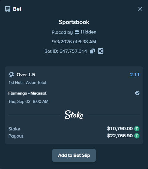 Bet slip: Flamengo - Mirassol, $10,790.00 stake at 2.11 odds, placed by Hidden