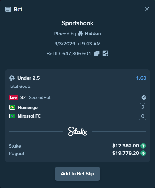 Bet slip: Flamengo - Mirassol, $12,362.00 stake at 1.60 odds, placed by Hidden