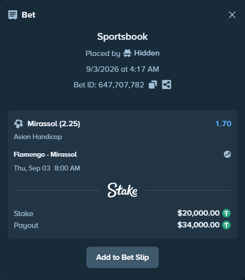 Bet slip: Flamengo - Mirassol, $20,000.00 stake at 1.70 odds, placed by Hidden