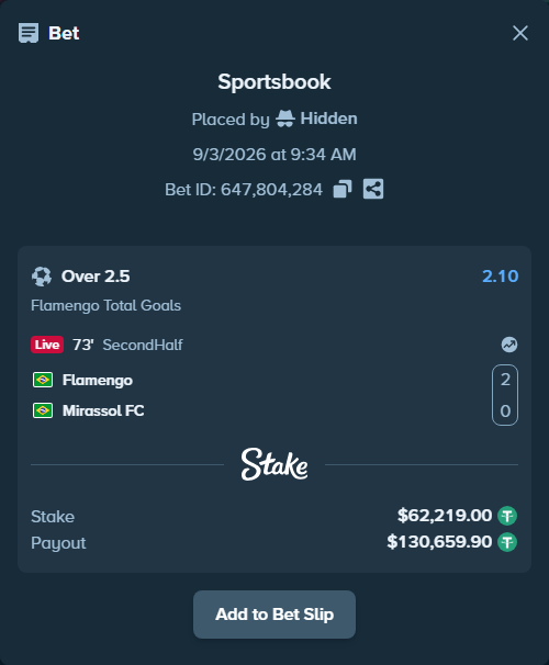 Bet slip: Flamengo - Mirassol, $62,219.00 stake at 2.10 odds, placed by Hidden