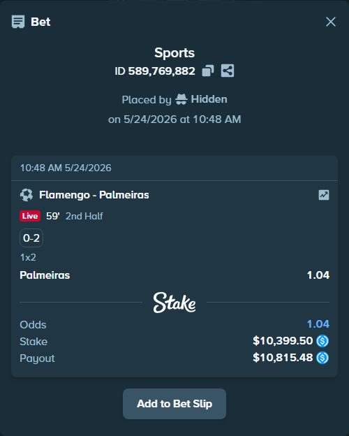 Bet slip: Flamengo - Palmeiras, $10,399.50 stake at 1.04 odds, placed by Hidden