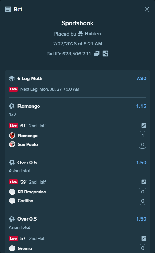 Bet slip: Flamengo - Sao Paulo, $10,000.00 stake at 1.15 odds, placed by Hidden