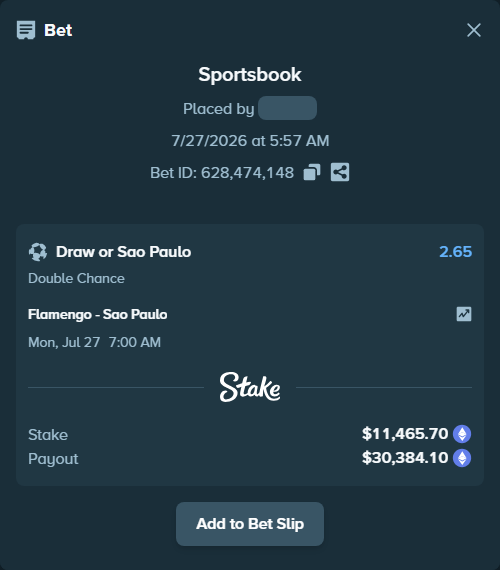 Bet slip: Flamengo - Sao Paulo, $11,414.94 stake at 2.65 odds, placed by myprecious1