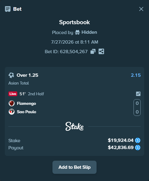 Bet slip: Flamengo - Sao Paulo, $19,924.04 stake at 2.15 odds, placed by Hidden