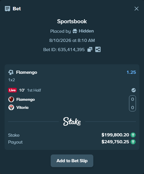 Bet slip: Flamengo - Vitoria, $200,000.00 stake at 1.25 odds, placed by Hidden