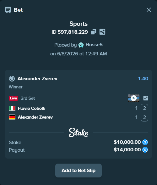 Bet slip: Flavio Cobolli - Alexander Zverev, $10,000.00 stake at 1.40 odds, placed by Hasse5