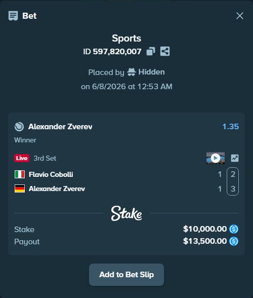 Bet slip: Flavio Cobolli - Alexander Zverev, $10,000.00 stake at 1.35 odds, placed by Hidden