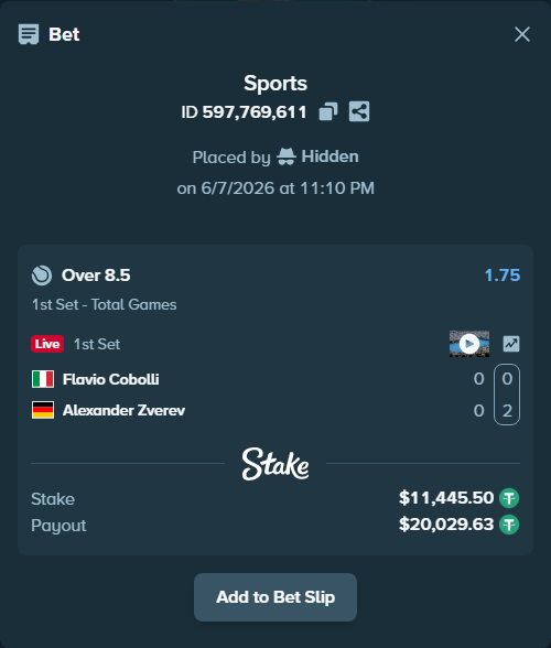 Bet slip: Flavio Cobolli - Alexander Zverev, $11,445.50 stake at 1.75 odds, placed by Hidden
