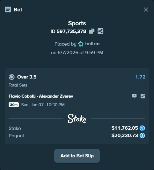 Bet slip: Flavio Cobolli - Alexander Zverev, $11,762.05 stake at 1.72 odds, placed by tmflrm