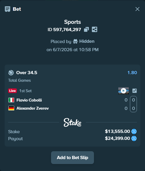 Bet slip: Flavio Cobolli - Alexander Zverev, $13,555.00 stake at 1.80 odds, placed by Hidden