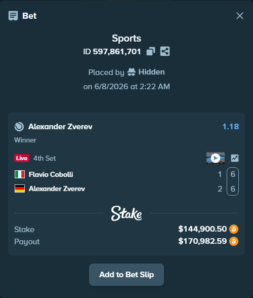 Bet slip: Flavio Cobolli - Alexander Zverev, $149,888.90 stake at 1.18 odds, placed by Hidden