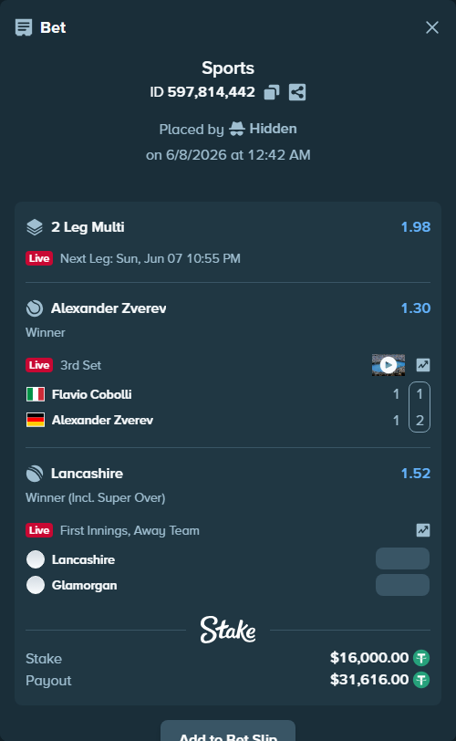 Bet slip: Flavio Cobolli - Alexander Zverev, $16,000.00 stake at 1.30 odds, placed by Hidden
