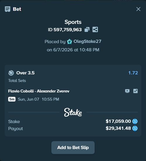 Bet slip: Flavio Cobolli - Alexander Zverev, $17,059.00 stake at 1.72 odds, placed by OlegStake27