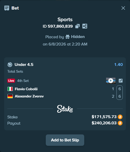 Bet slip: Flavio Cobolli - Alexander Zverev, $177,482.47 stake at 1.40 odds, placed by Hidden