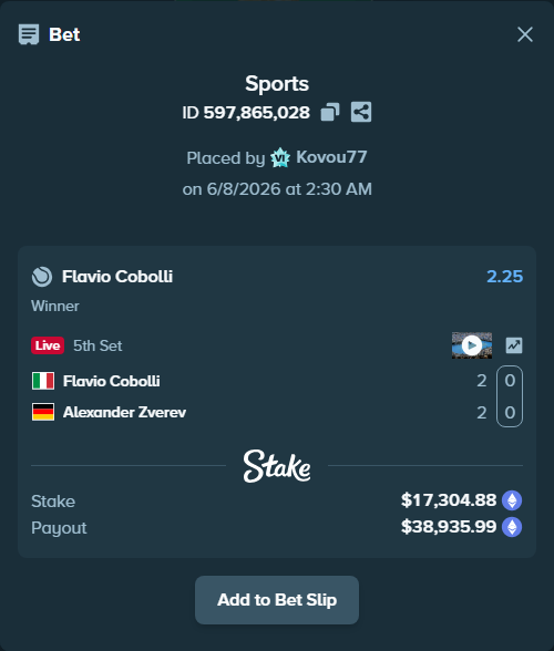 Bet slip: Flavio Cobolli - Alexander Zverev, $18,391.48 stake at 2.25 odds, placed by Kovou77
