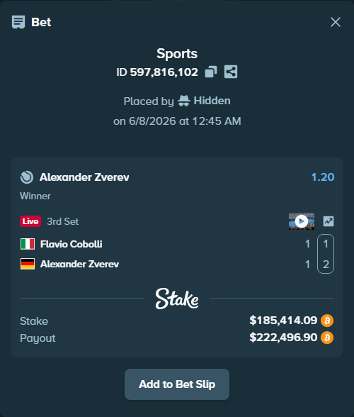 Bet slip: Flavio Cobolli - Alexander Zverev, $192,990.00 stake at 1.20 odds, placed by Hidden