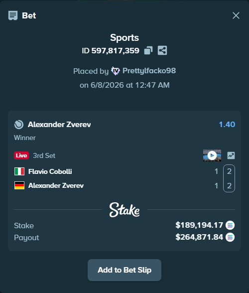Bet slip: Flavio Cobolli - Alexander Zverev, $214,581.09 stake at 1.40 odds, placed by Prettylfacko98