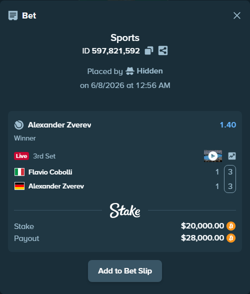 Bet slip: Flavio Cobolli - Alexander Zverev, $20,804.32 stake at 1.40 odds, placed by Hidden