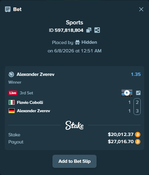 Bet slip: Flavio Cobolli - Alexander Zverev, $20,817.19 stake at 1.35 odds, placed by Hidden