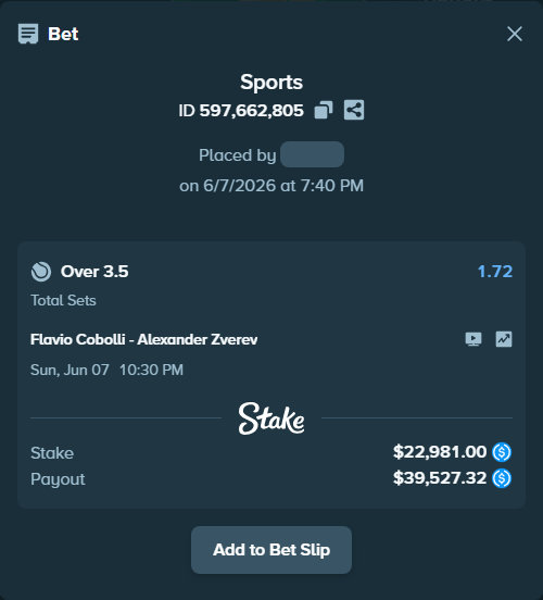 Bet slip: Flavio Cobolli - Alexander Zverev, $22,981.00 stake at 1.72 odds, placed by Oen1
