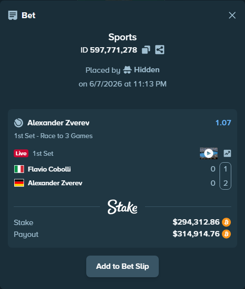 Bet slip: Flavio Cobolli - Alexander Zverev, $306,338.32 stake at 1.07 odds, placed by Hidden