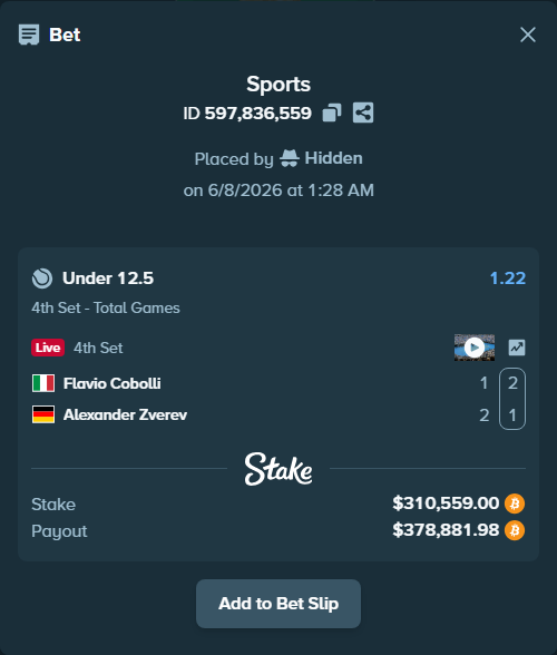 Bet slip: Flavio Cobolli - Alexander Zverev, $321,650.00 stake at 1.22 odds, placed by Hidden