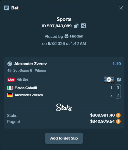 Bet slip: Flavio Cobolli - Alexander Zverev, $321,650.00 stake at 1.10 odds, placed by Hidden