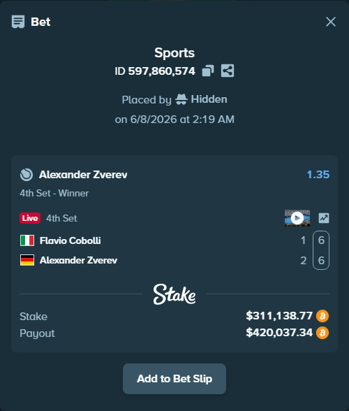 Bet slip: Flavio Cobolli - Alexander Zverev, $321,650.00 stake at 1.35 odds, placed by Hidden