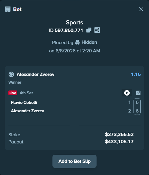 Bet slip: Flavio Cobolli - Alexander Zverev, $385,980.00 stake at 1.16 odds, placed by Hidden