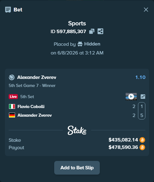 Bet slip: Flavio Cobolli - Alexander Zverev, $449,780.56 stake at 1.10 odds, placed by Hidden