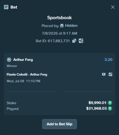 Bet slip: Flavio Cobolli - Arthur Fery, $10,000.00 stake at 3.20 odds, placed by dakata1