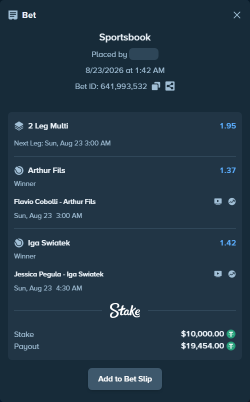 Bet slip: Flavio Cobolli - Arthur Fils, $10,000.00 stake at 1.37 odds, placed by morozbatman