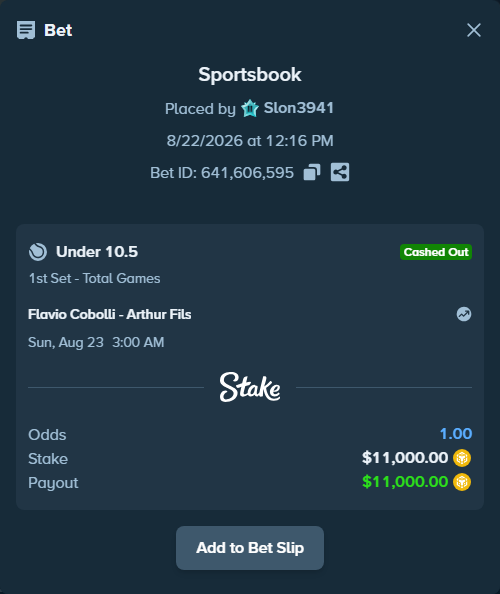 Bet slip: Flavio Cobolli - Arthur Fils, $11,310.11 stake at 1.34 odds, placed by Slon3941