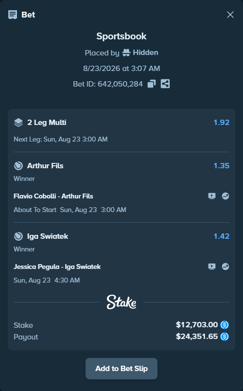 Bet slip: Flavio Cobolli - Arthur Fils, $12,703.00 stake at 1.35 odds, placed by Hidden